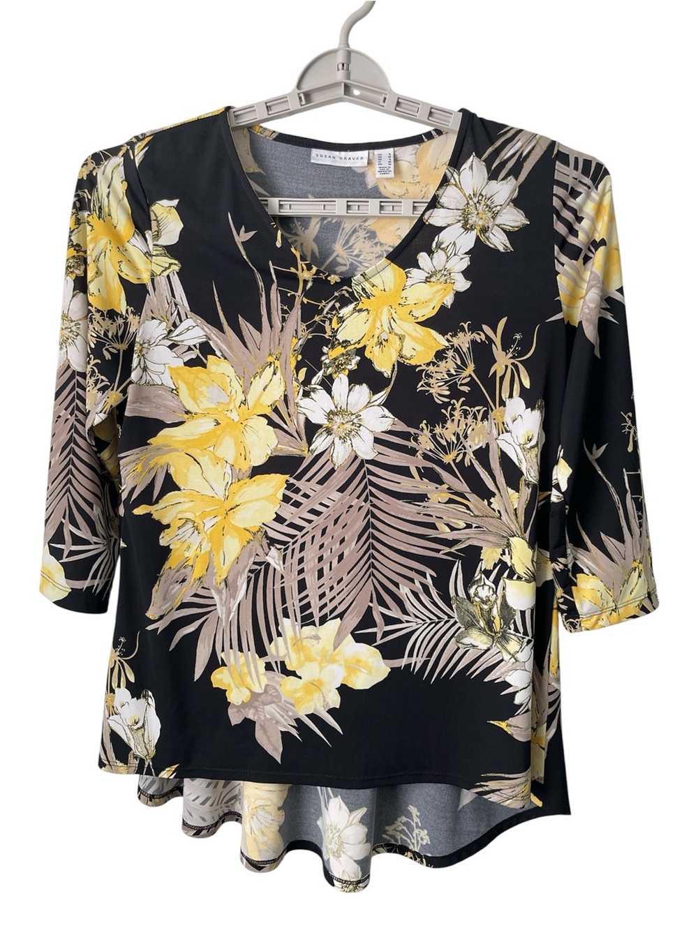 Susan Graver Tropical Floral Print 3/4 Sleeve Hi-low Shirt Tail Hemline Size S